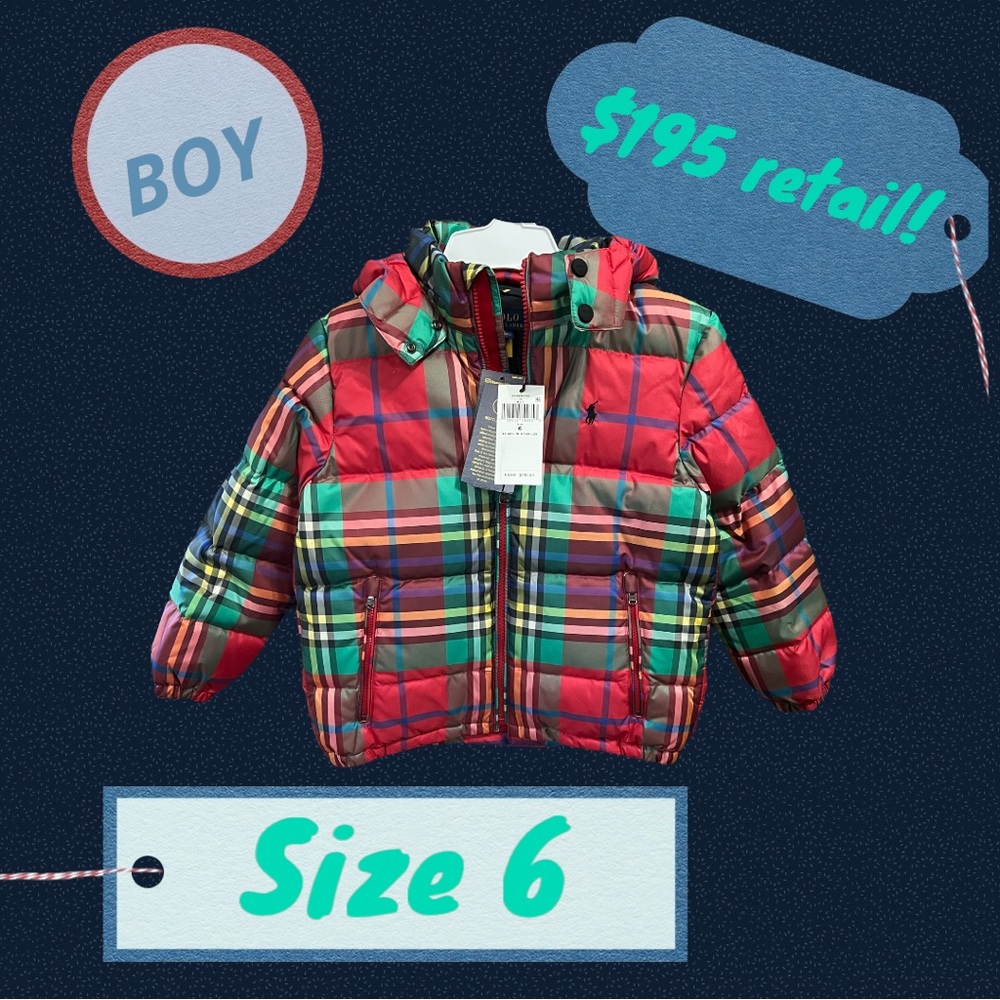 NWT little boys Polo Ralph Lauren plaid water repellent hooded down jacket